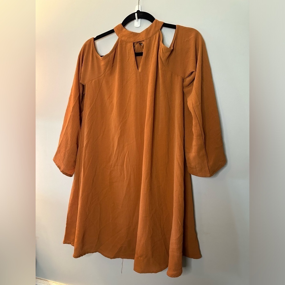 She and Sky Burnt Orange Cold-Shoulder Mock Neck Mini Dress